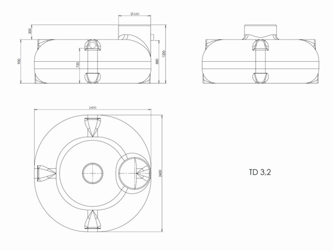 Výkres nízkoprofilové samonosné ROTO nádrže typu TD o objemu 3,2m3